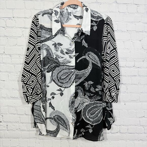 Rose + Olive Blouse Women Plus 1X Geometric Art to Wear Flowy 3/4 Sleeve Top - Picture 2 of 13